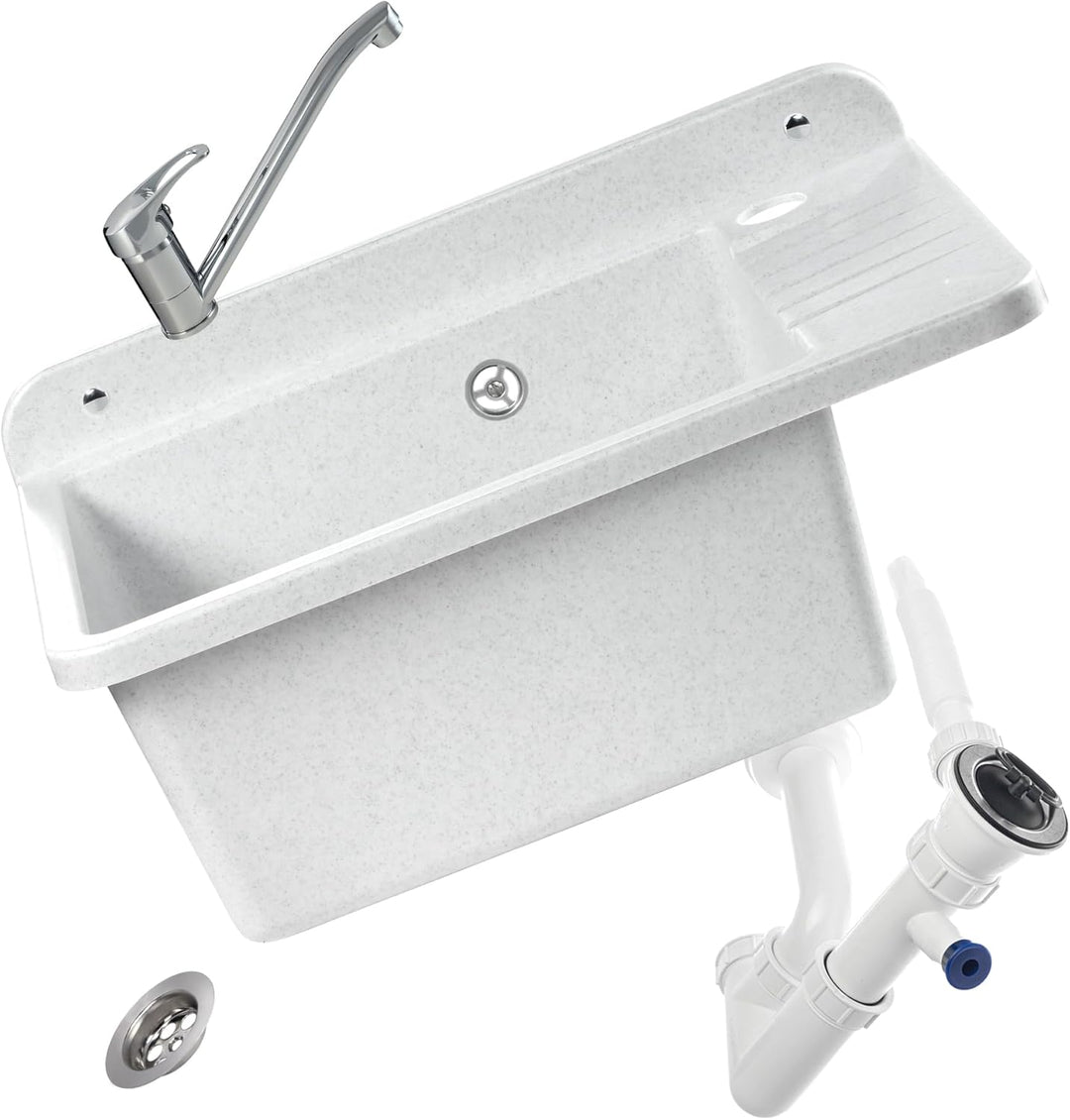 GOSPO Ausgussbecken aus Polypropylen, 50,4 x 34 x 26,5 cm, Spülbecken mit Siphon und Montageset, Was