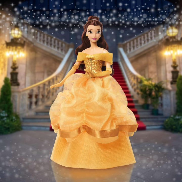 Mattel Disney Princess Glitzerprinzessin Belle-Modepuppe mit Zubehör, mit abnehmbarem Kleid, abnehmb