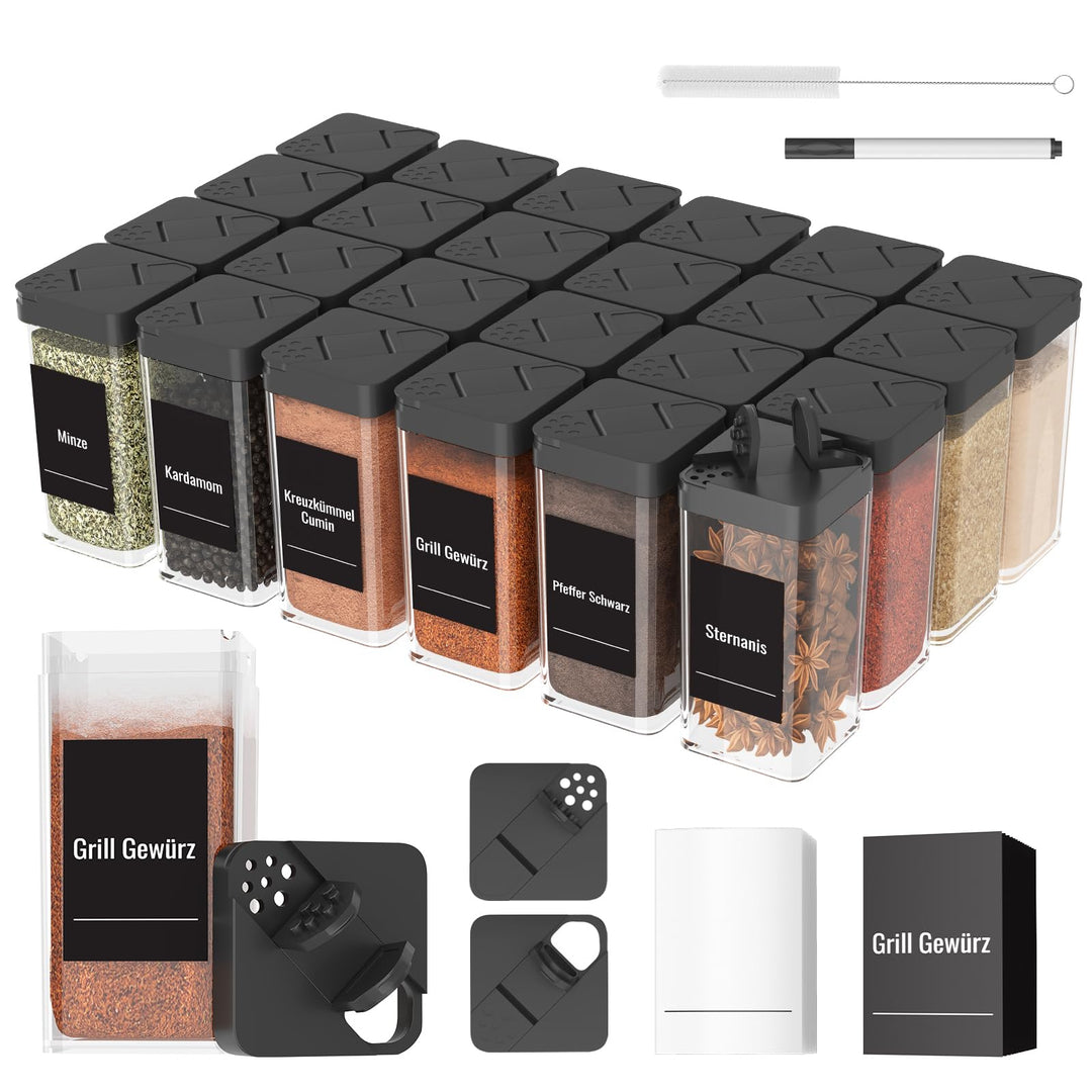 Gewürzgläser Eckig Set mit Deckel [24 x 120ml], Stabiler Plastik Gewürzstreuer Luftdichte, Gewürzdos