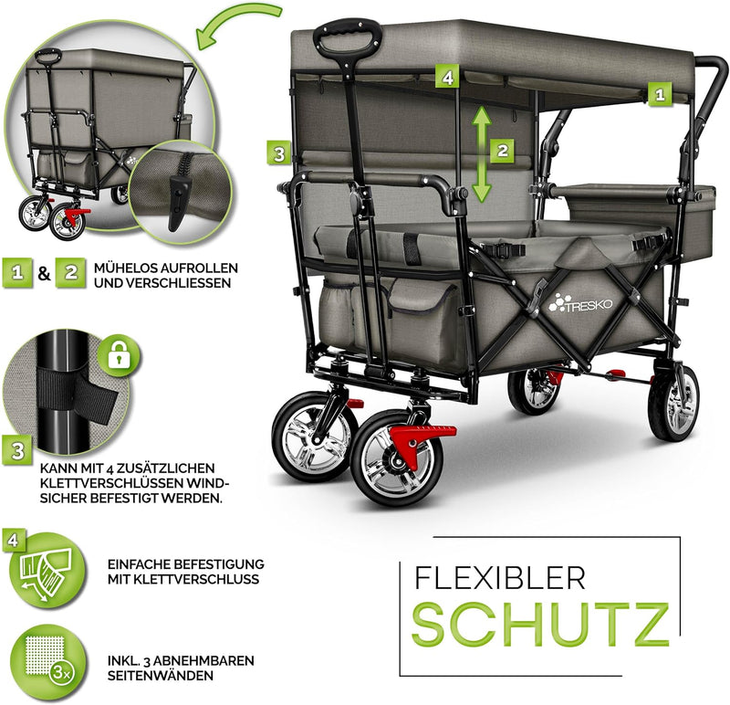 TRESKO® Bollerwagen faltbar mit Dach | Handwagen mit 2x3-Punkt Gurtsystem | Gartenwagen klappbar bis