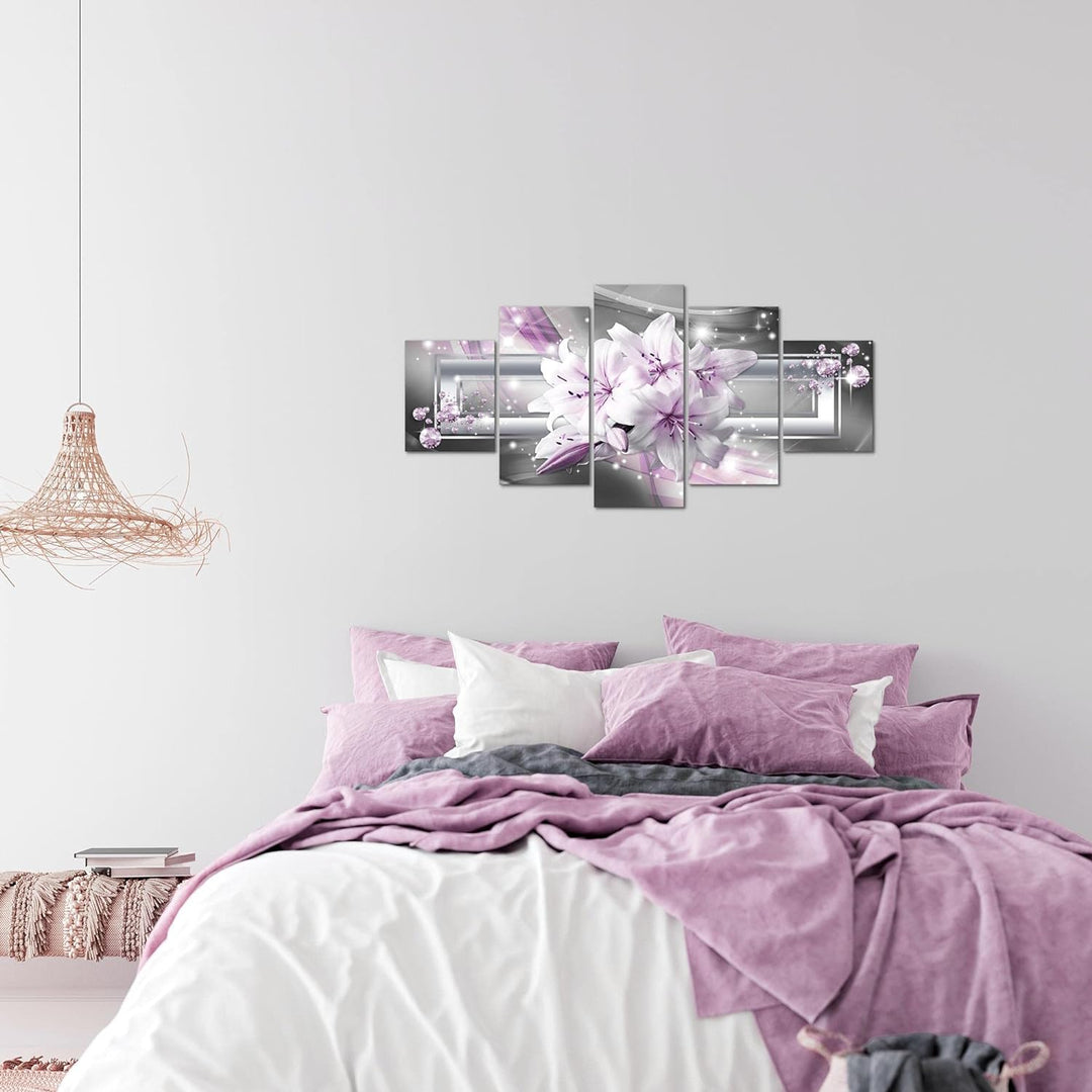 Runa Art Wandbilder Blumen Lilien 5 Teilig Bild auf Vlies Leinwand Deko Wohnzimmer Abstrakt Grau Lil