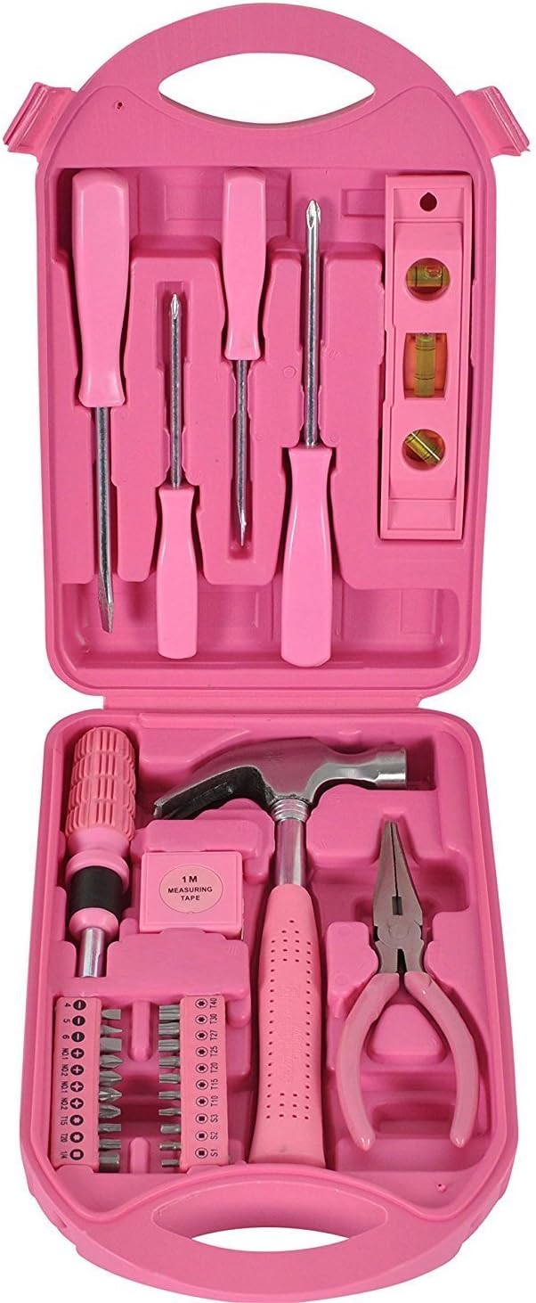Kleiner, kompakter Werkzeugkoffer in pink mit Werkzeug in pink, Komplett-Set für Frauen, alle Teile