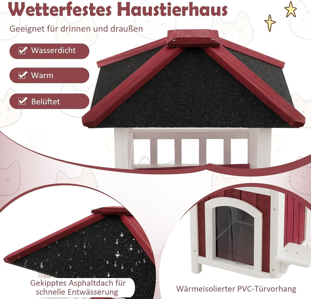 COSTWAY Katzenhaus Outdoor Winterfest, Katzenhütte Holz mit 2 Etagen, Katzenhöhle mit Terrasse & Asp