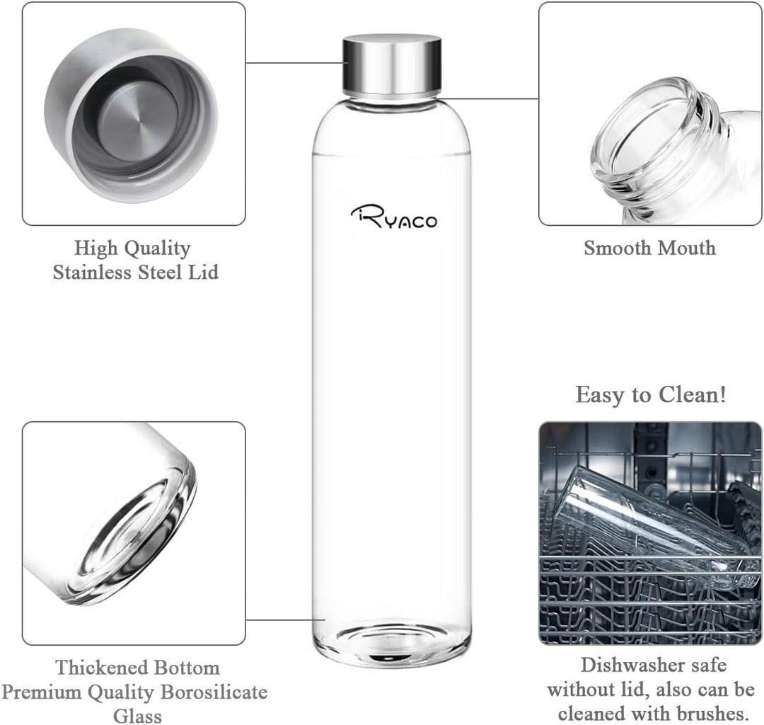 Ryaco Trinkflasche aus Glas 550ml/750ml/1000ml/1L,Glasflasche mit Neoprenhülle,Glastrinkflasche mit
