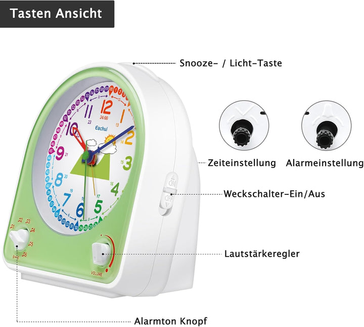 Eachui Analog Wecker für Kinder mit Schlummerfunktion, Nachtlicht, Einstellbarer Lautstärke und 7 Al