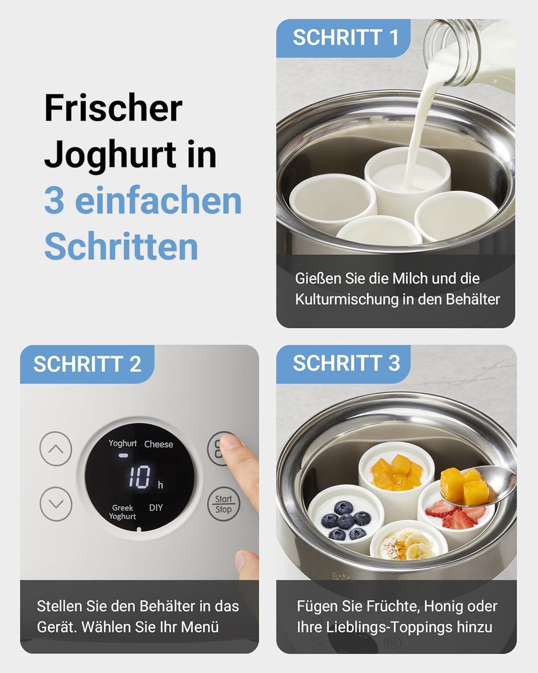 Bear Joghurtbereiter Joghurt- und Frischkäsebereiter, inkl. 4 Keramik Portionsbecher à 125 ml, 2 XXL