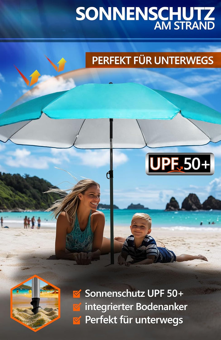 4smile Sonnenschirm Strand SET, Ø 200 cm, Türkis | UPF 50+ Sonnenschirm Balkon, inkl. Hülle, Gartens