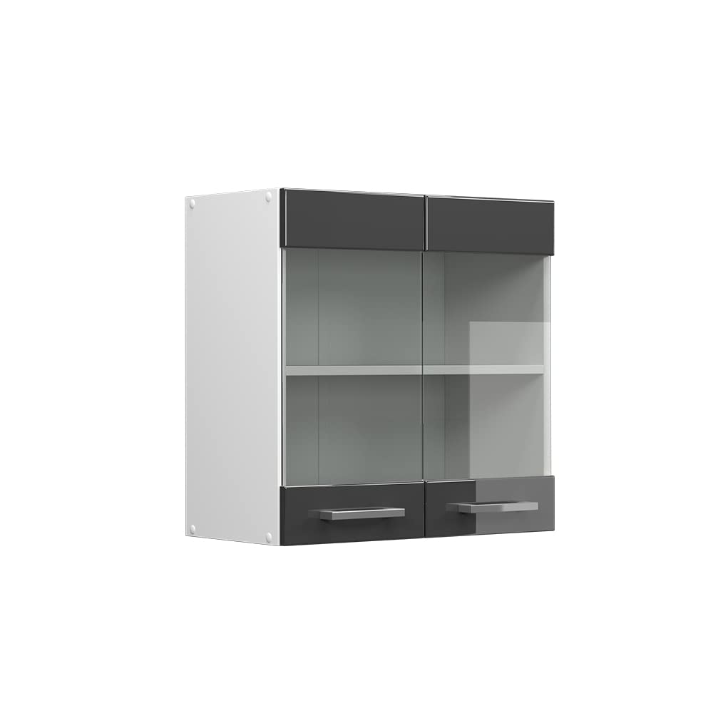 Vicco Küchenschrank Glas R-Line, Anthrazit Hochglanz/Weiss, 60 cm Anthrazit Hochglanz Hängeglasschra