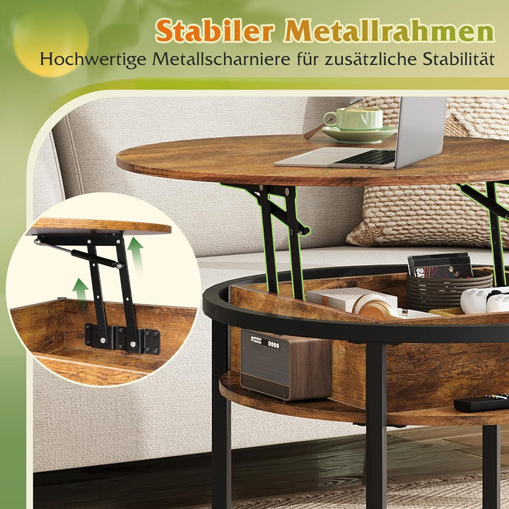 WLIVE Couchtisch Rund mit Hebeplatte, Wohnzimmertisch Höhenverstellbar mit Stauraum, 60 x 60 x 50 cm
