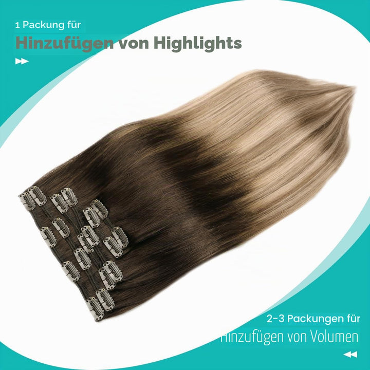 SURNEL Clip Echthaar Extension Haarverlangerung Echthaar Clips 14 Zoll 100g Dunkelbraun Mischung Mit