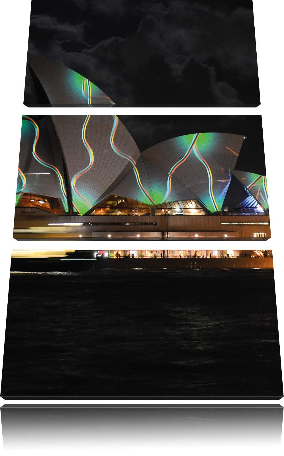Pixxprint Sydney Opera House grüne Beleuchtung 3-Teiler Leinwandbild 120x80 Bild auf Leinwand