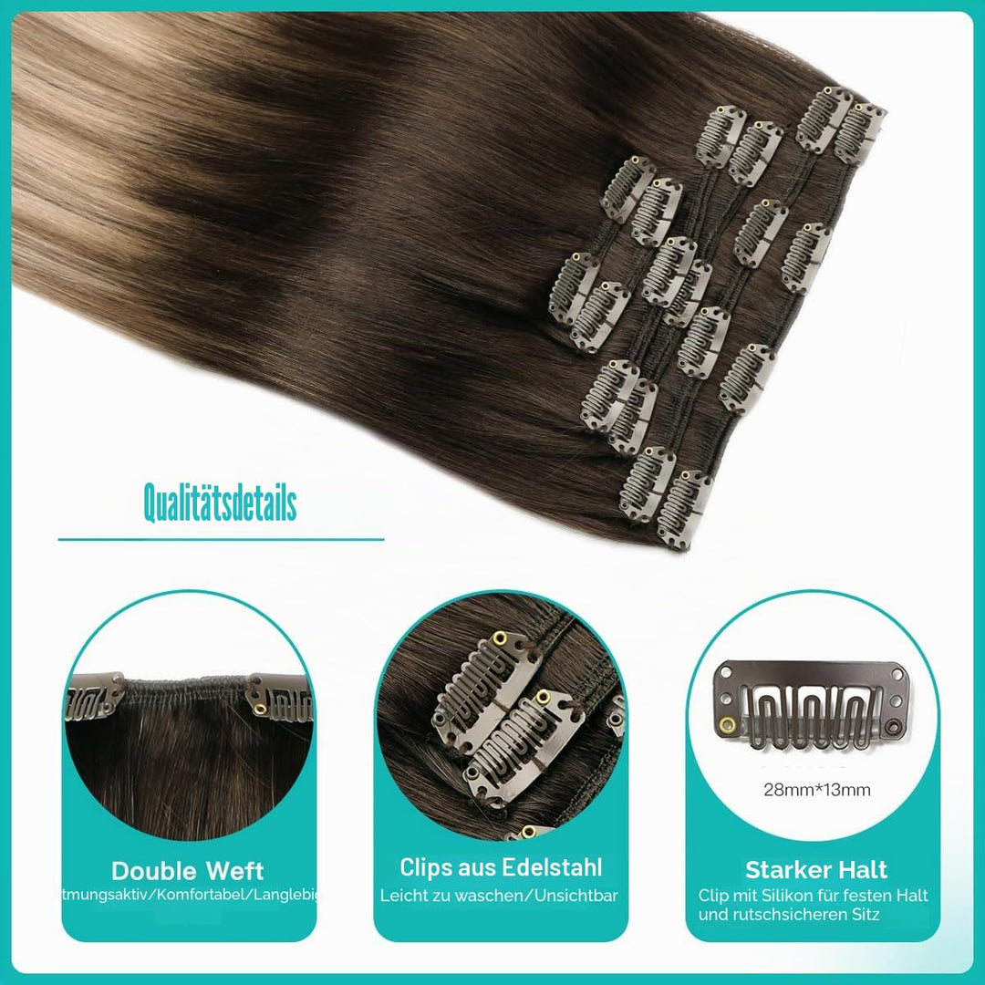 SURNEL Clip Echthaar Extension Haarverlangerung Echthaar Clips 14 Zoll 100g Dunkelbraun Mischung Mit