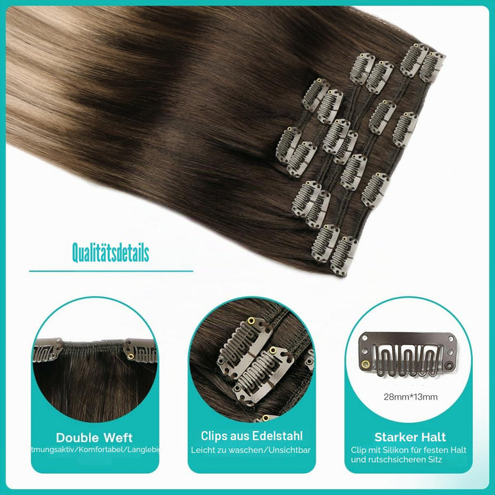 SURNEL Clip Echthaar Extension Haarverlangerung Echthaar Clips 14 Zoll 100g Dunkelbraun Mischung Mit