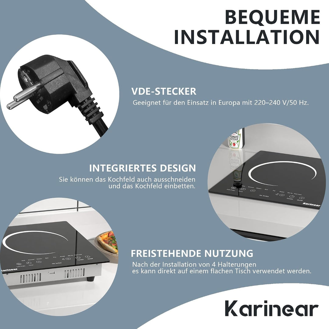 Karinear Herdplatte 2 Kochfelder, 3600W Kochplatten 2er Elektrisch, 2 Platten Kochfeld mit Stecker,