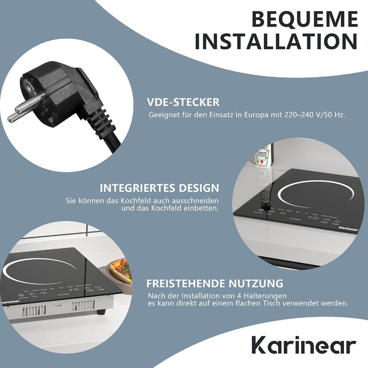 Karinear Herdplatte 2 Kochfelder, 3600W Kochplatten 2er Elektrisch, 2 Platten Kochfeld mit Stecker,