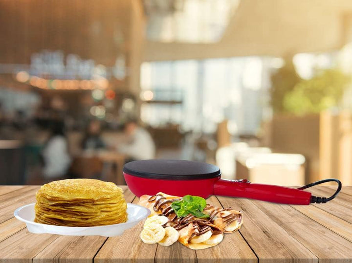 BEHOME Elektrische Crêpe-Pfanne mit Griff für Crepes, antihaftbeschichtet, 800 W, 20 cm, Rot