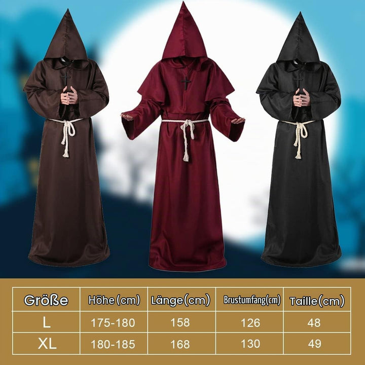 Mönch Robe, L Mittelalterliche Renaissance Robe, Kostüm Mönch mit Kapuze und Kordel, Schwarz Männer