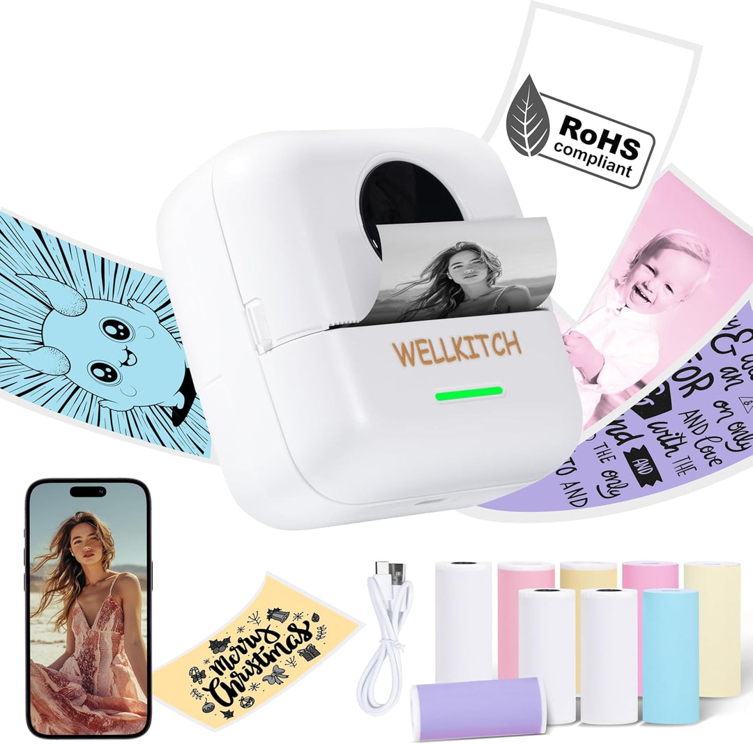 wellkitch Tragbarer Mini-Thermodrucker – WLAN-Drucker ohne Tinte für Fotos, personalisierte selbstkl