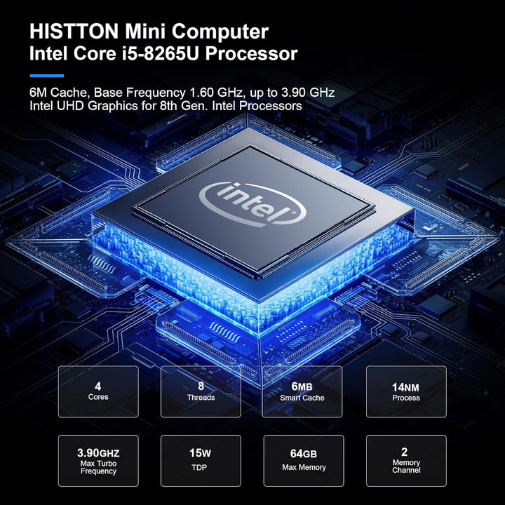 HISTTON Dual Core Lüfterlos Mini PC, Industrie PC Core i5-8265U, DDR4 8GB RAM 256GB SSD, Dual LAN, W