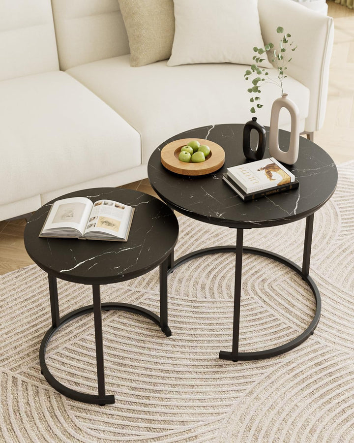 HEYZOEY Couchtisch Rund 2er Set, Wohnzimmertisch, Beistelltische Schwarz Metall, Kaffeetisch für Sof