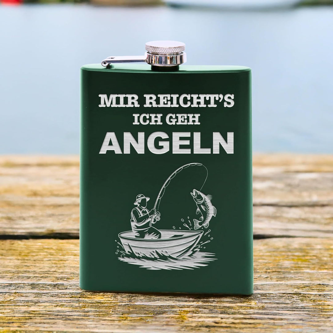 Flanacom Flachmann aus Edelstahl 227 ml (8oz) – Angeln &amp; Fischer Design – inkl. Trichter – Auslaufsi