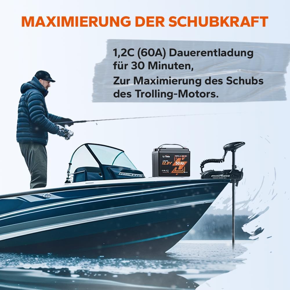 LiTime 12V 50Ah LiFePO4 Batterie Bluetooth für Trolling Motoren, mit 50A BMS Low-Temp Protection, Ma