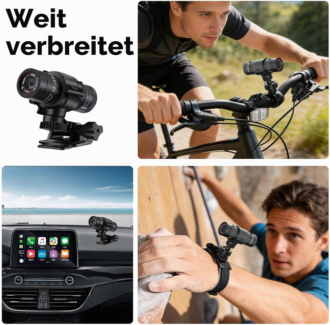 1080P HD Action Cam, 120° Weitwinkel Helmkamera, IP66 Dashcam Fahrrad mit 64GB Speicherkarte &amp; 1000m