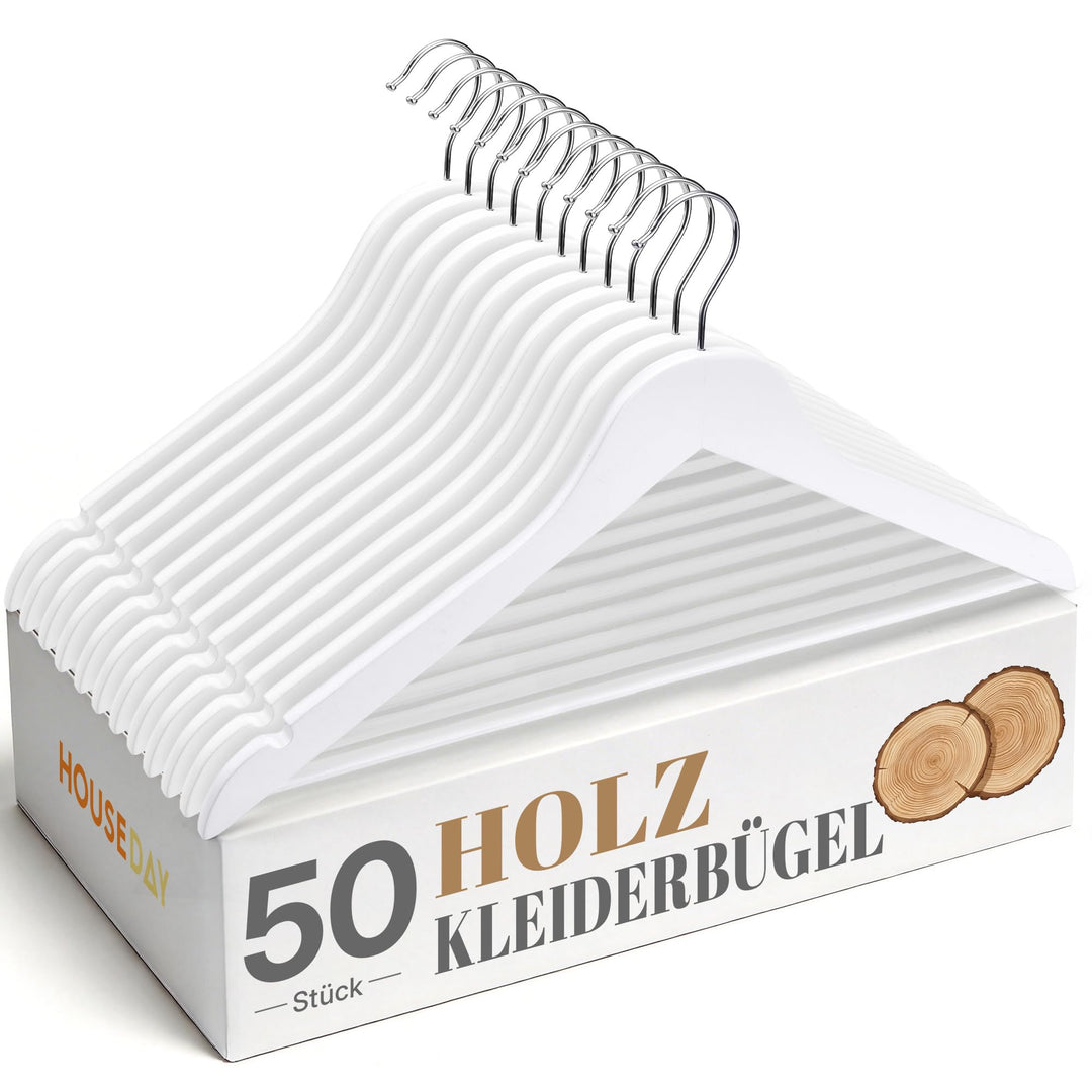 HOUSE DAY Holz Kleiderbügel Weiss 50 Stück, weisse Holzbügel für Kleiderschrank Ordnung, schmale sta