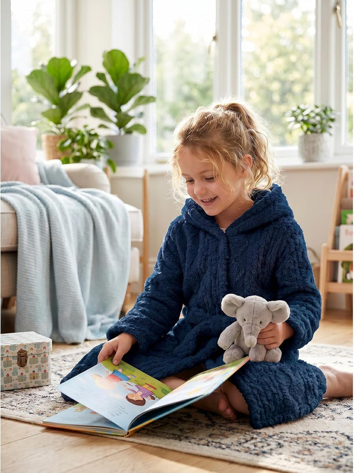 JiAmy Kinder Bademantel mit Kapuze Fleece Morgenmantel für Jungen Mädchen Navyblau 10-12 Jahre, Navy