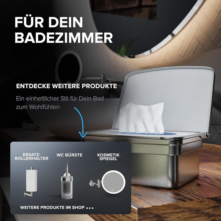 ovimar Feuchttücher Box mit Deckel Egense | in edlem Silber poliertem Edelstahl | ohne Bohren | Dami