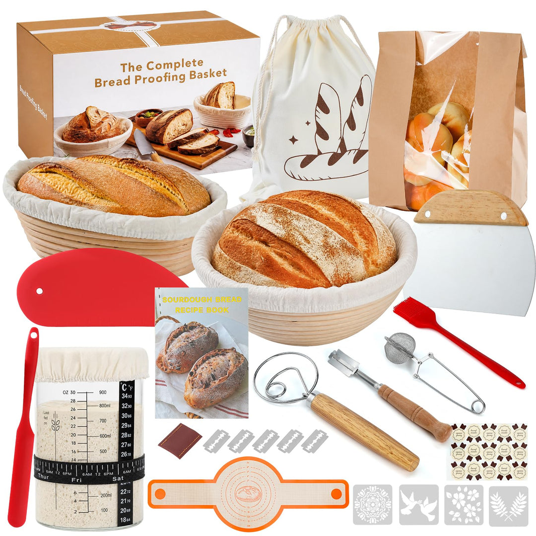 Gärkörbchen Rund + Ovale, Sauerteig Starter Set, 31-teilig Gärkorb Brot, Mit Sauerteig Starterglas,