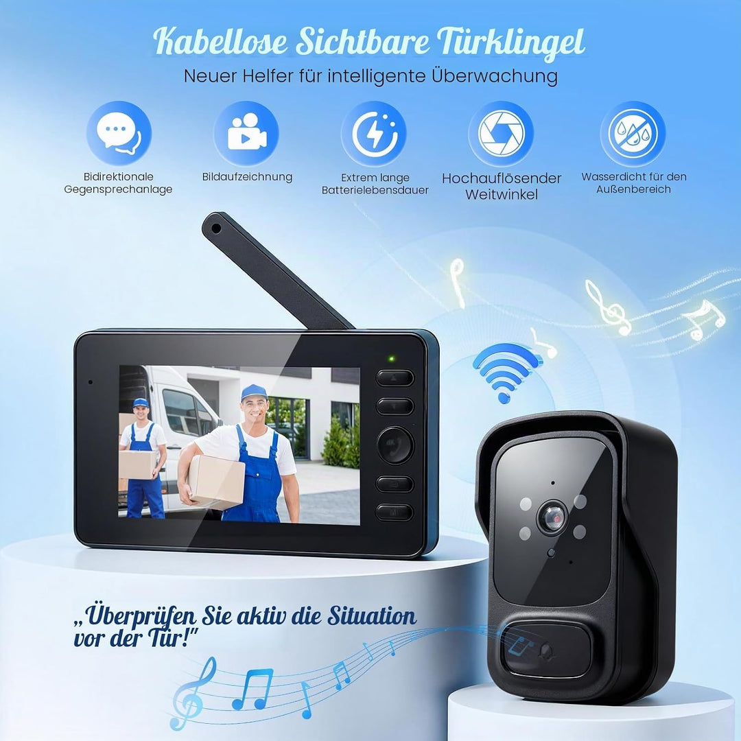 Kabellose Türklingel mit Kamera, wasserdicht, Video-Türklingel, kabellos, 1080P HD IPS 4,3 Zoll, bid