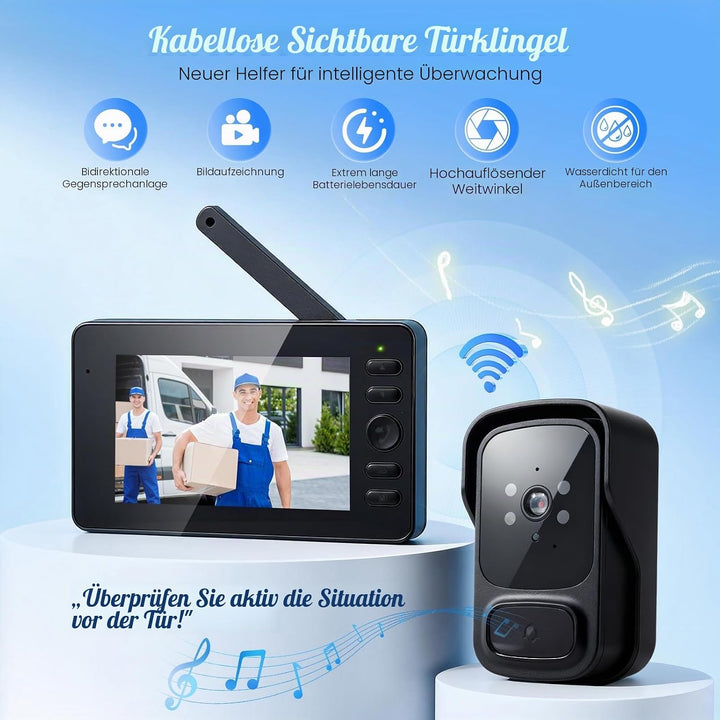 Kabellose Türklingel mit Kamera, wasserdicht, Video-Türklingel, kabellos, 1080P HD IPS 4,3 Zoll, bid
