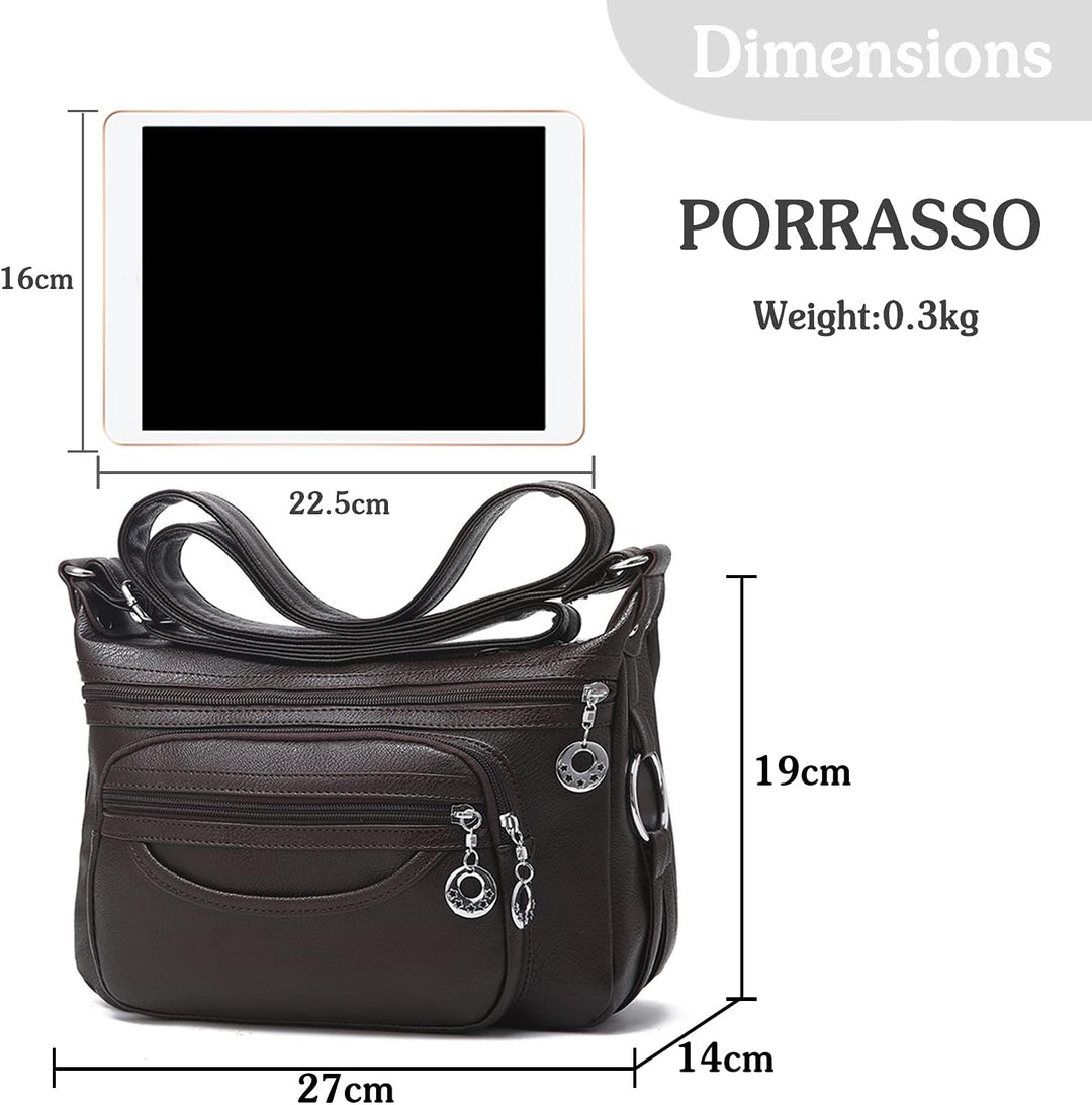 PORRASSO Damen Umhängetasche Multi-Tasche Wasserdicht Schultertasche Messenger Bag PU Handtasche für