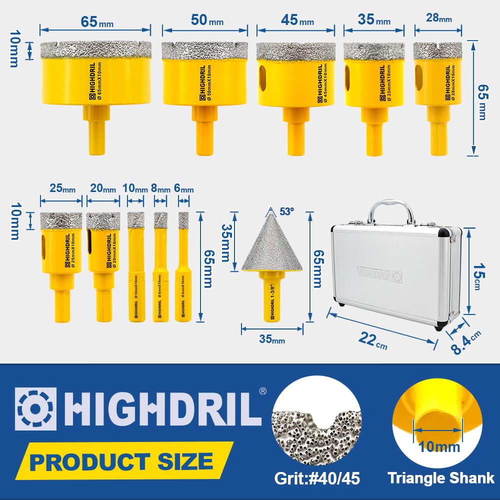 HIGHDRIL Diamant Bohrkrone Set - 6/8/10/20/25/28/35/45/50/65MM Diamant-Bohrkrone Lochsäge Dreikantsc