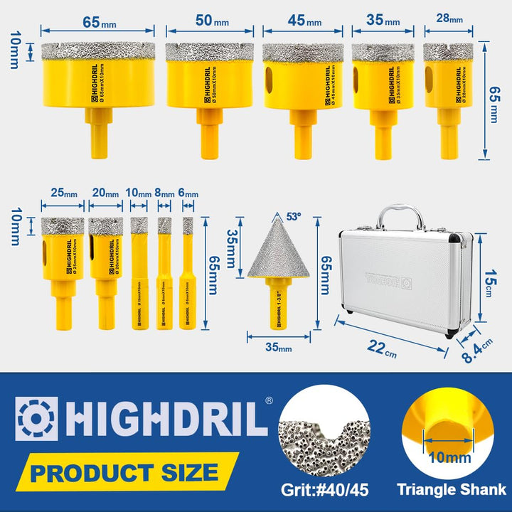 HIGHDRIL Diamant Bohrkrone Set - 6/8/10/20/25/28/35/45/50/65MM Diamant-Bohrkrone Lochsäge Dreikantsc