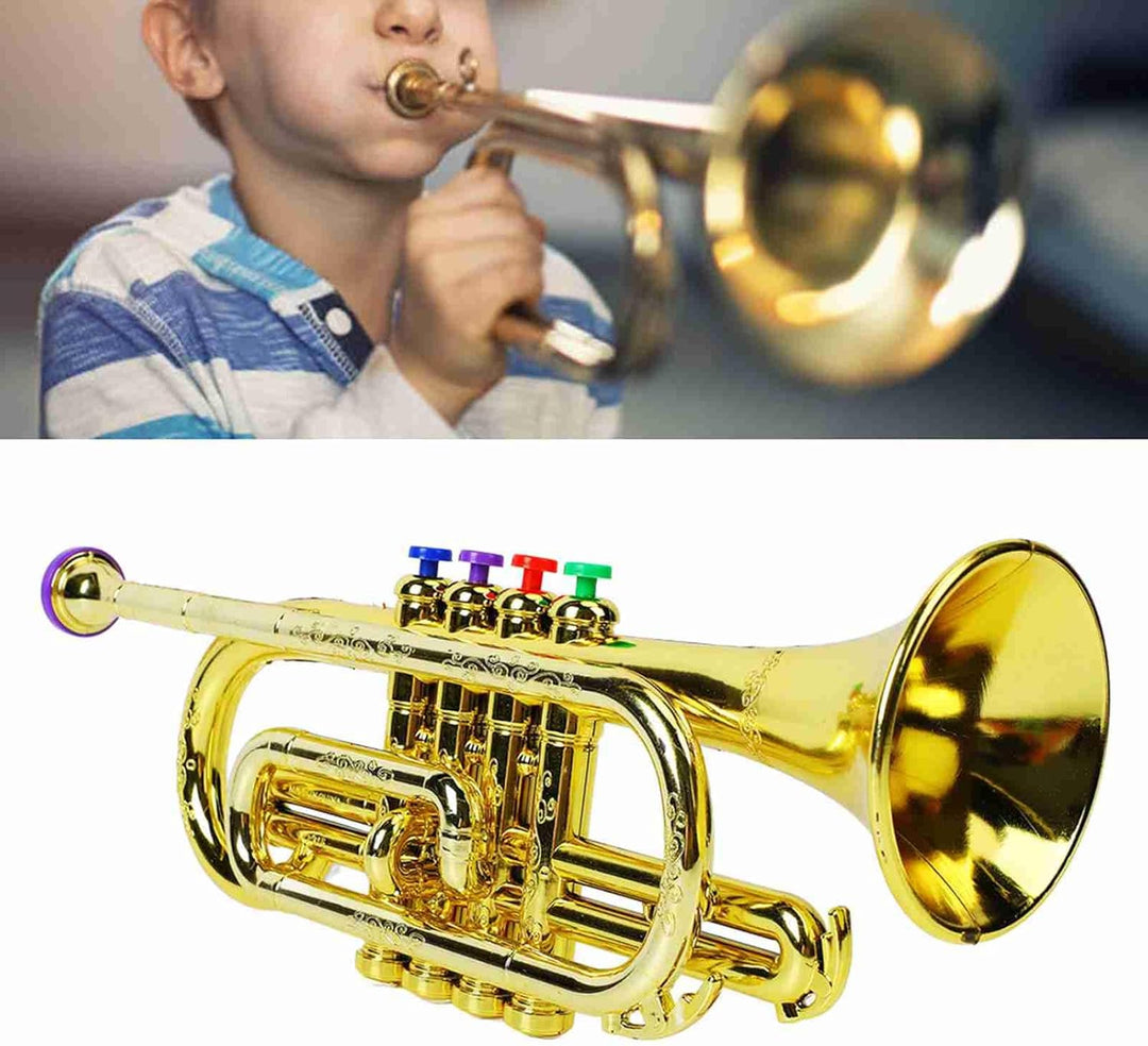 Ejoyous Goldene Trompete, Kindertrompete pädagogisches Musikinstrument mit 4 farbigen Tasten für rea