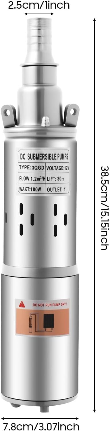 Tiefbrunnenpump 180W 12V 1200 L/h, Förderhöhe max. 34 m, Brunnenpumpe Tauchpumpe Pumpe Zisterne mit