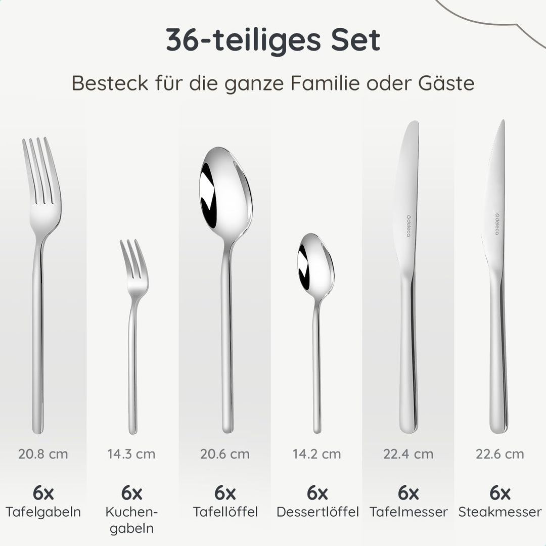 Besteckset 6 Personen Amor, 36-teilig, Edelstahl 18/0 Silber, spülmaschinenfest und rostfrei, Essbes