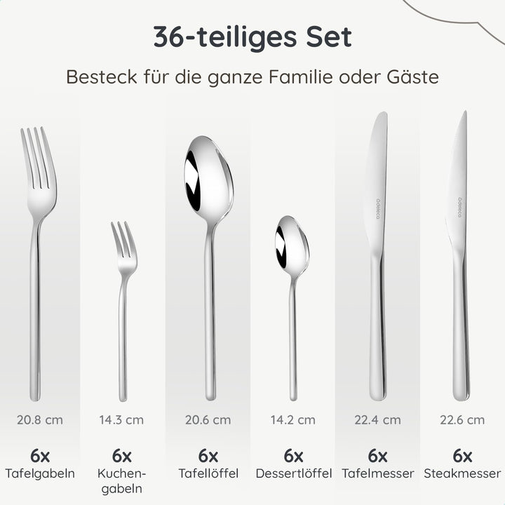 Besteckset 6 Personen Amor, 36-teilig, Edelstahl 18/0 Silber, spülmaschinenfest und rostfrei, Essbes