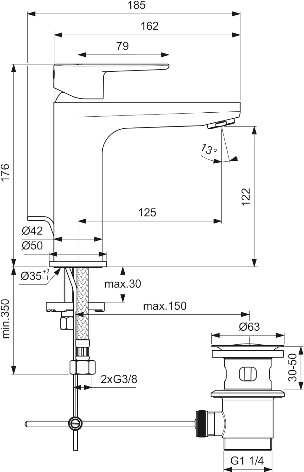 Ideal Standard BC699XG Cerafine O Waschtischarmatur Grande mit Zugknopf-Ablaufgarnitur Auslaufhöhe 1