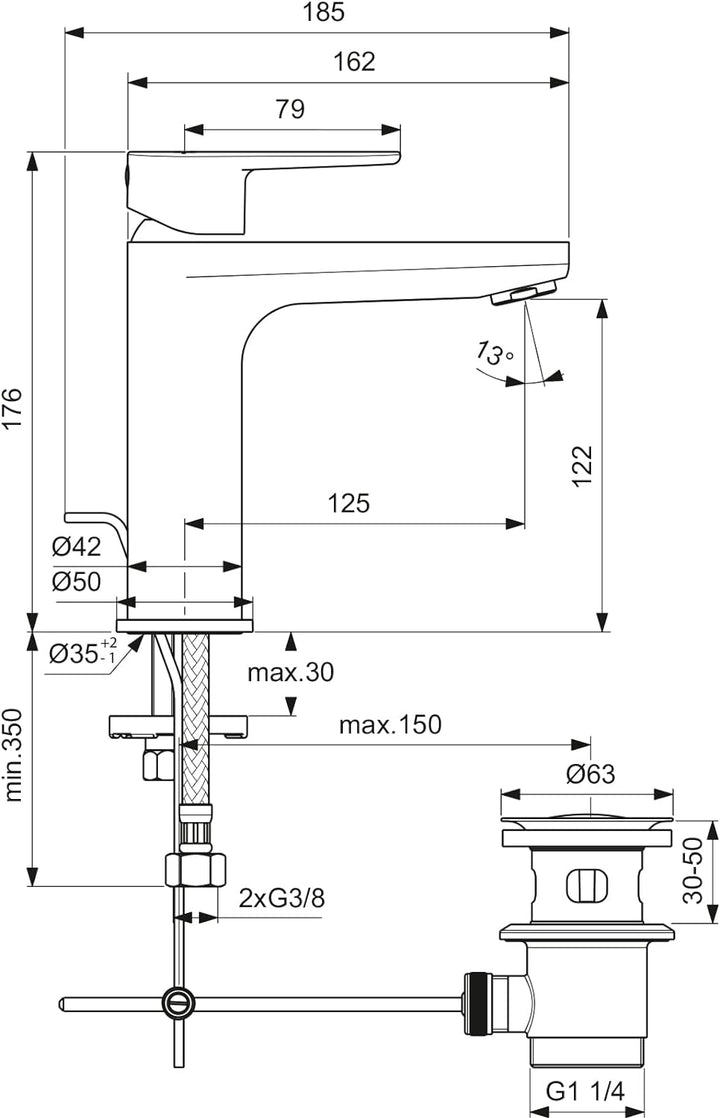 Ideal Standard BC699XG Cerafine O Waschtischarmatur Grande mit Zugknopf-Ablaufgarnitur Auslaufhöhe 1