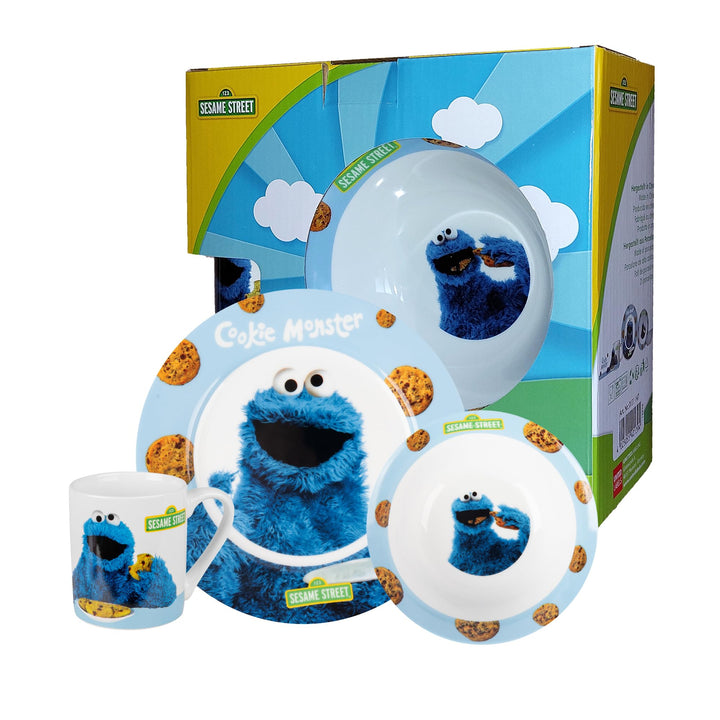 United Labels Krümelmonster Frühstücksset Kinder, mit Krümelmonster und Keksen, Geschirr Set Porzell