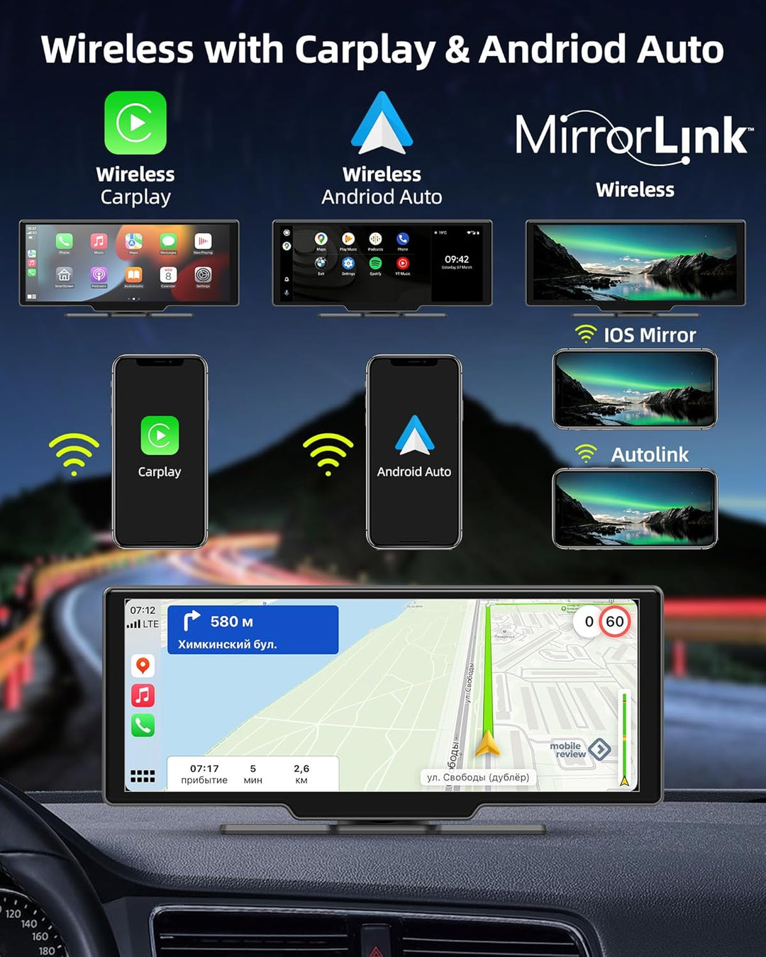 Wireless Carplay Android Auto Display mit 2.5K Dashcam Auto Vorne Hinten 10.26 Zoll Touchscreen Carp