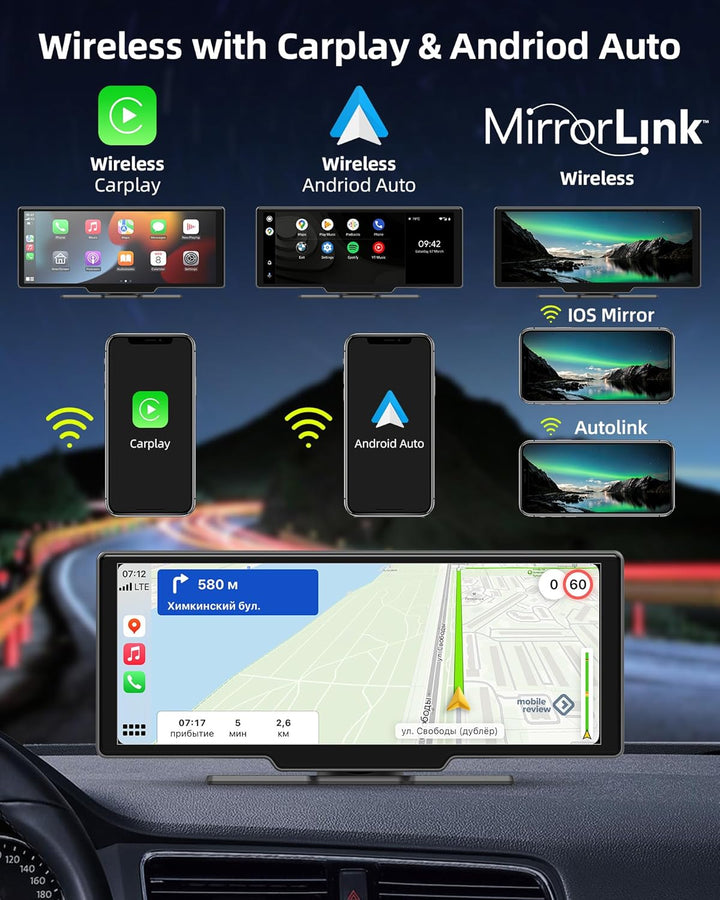 Wireless Carplay Android Auto Display mit 2.5K Dashcam Auto Vorne Hinten 10.26 Zoll Touchscreen Carp