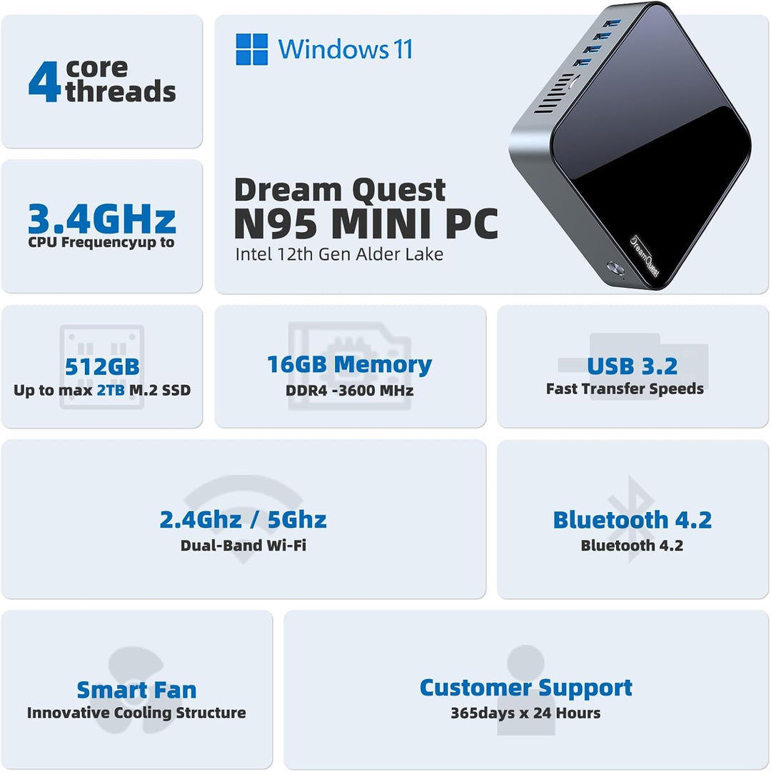 DreamQuest Mini PC Windows 11 Pro, Intel 12. Gen N95 (bis zu 3,4 GHz), 16GB DDR4 512GB M.2 SSD Mini