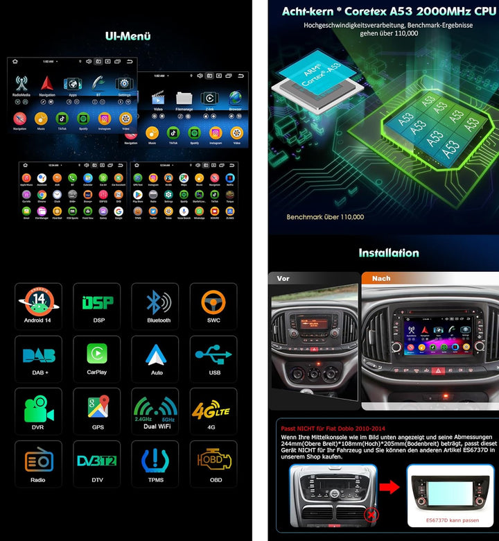 Erisin 7 Zoll 8-Kern 4GB+64GB Android 14 Autoradio Bluetooth mit GPS Navi für FIAT Doblo 2015-2022 U