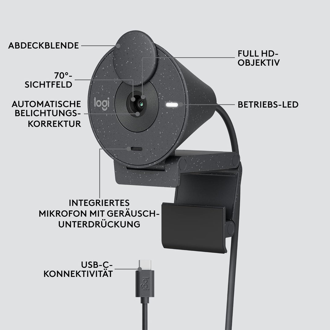 Logitech Brio 300 Full HD-Webcam mit Sichtschutz, Mikrofon mit Rauschunterdrückung, USB-C, Zertifizi