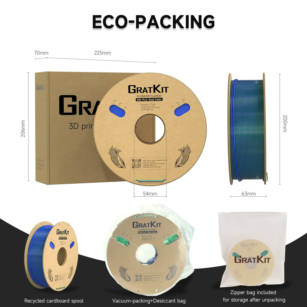 GratKit Silk Dual Color Filament PLA 1.75mm, -0.03mm, Coextrusion PLA Filament, 3D Drucker Filament,