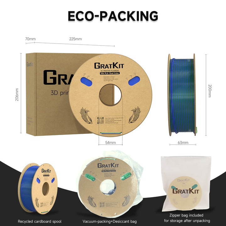 GratKit Silk Dual Color Filament PLA 1.75mm, -0.03mm, Coextrusion PLA Filament, 3D Drucker Filament,